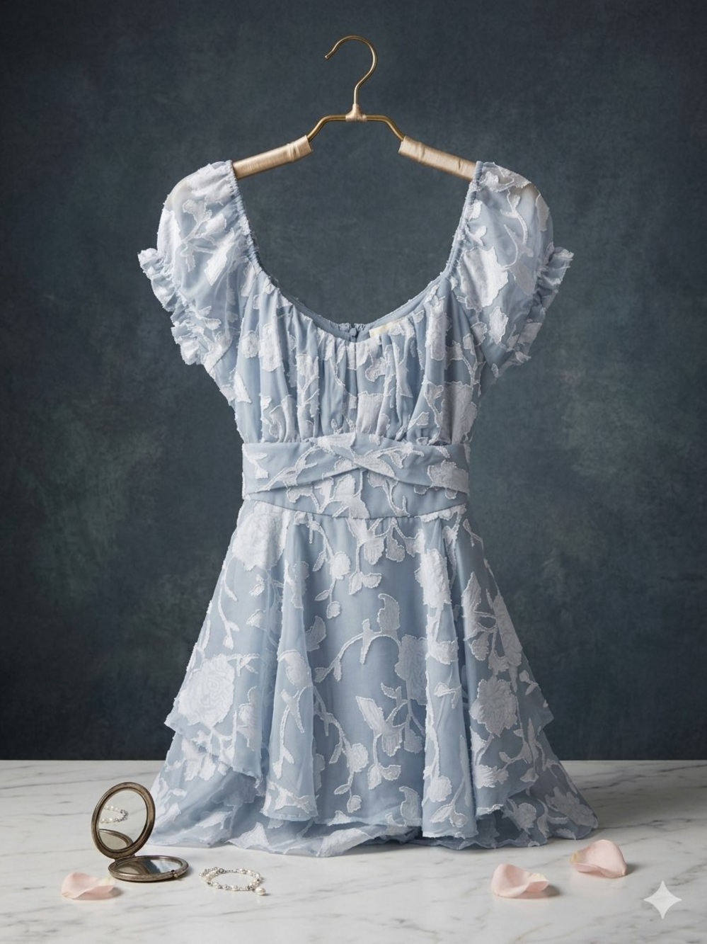 Powder Blue Floral Textured Romper Dress • Coquette Balletcore Mini Cottagecore